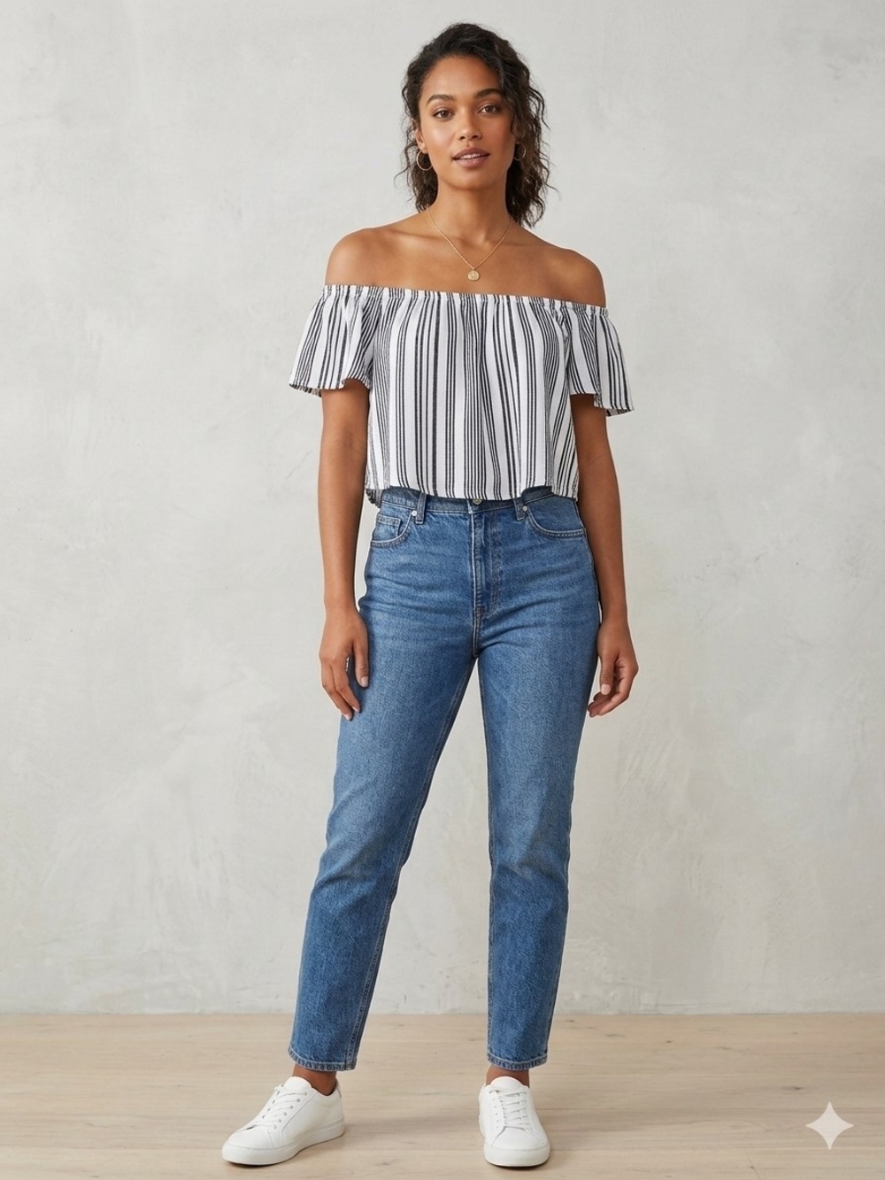 Derek Heart Black & White Striped Off-Shoulder Crop Top